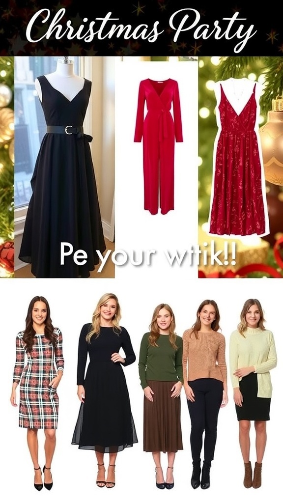 A collection of fashionable Christmas party outfits displayed in a festive setting.